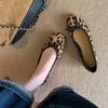 Sheepskin Version~ Leather Round Head Light Mouth Versatile Bow Leopard Print Flat Sole Shoes Women's Mary Jane Ballet Shoes Ladyshoes