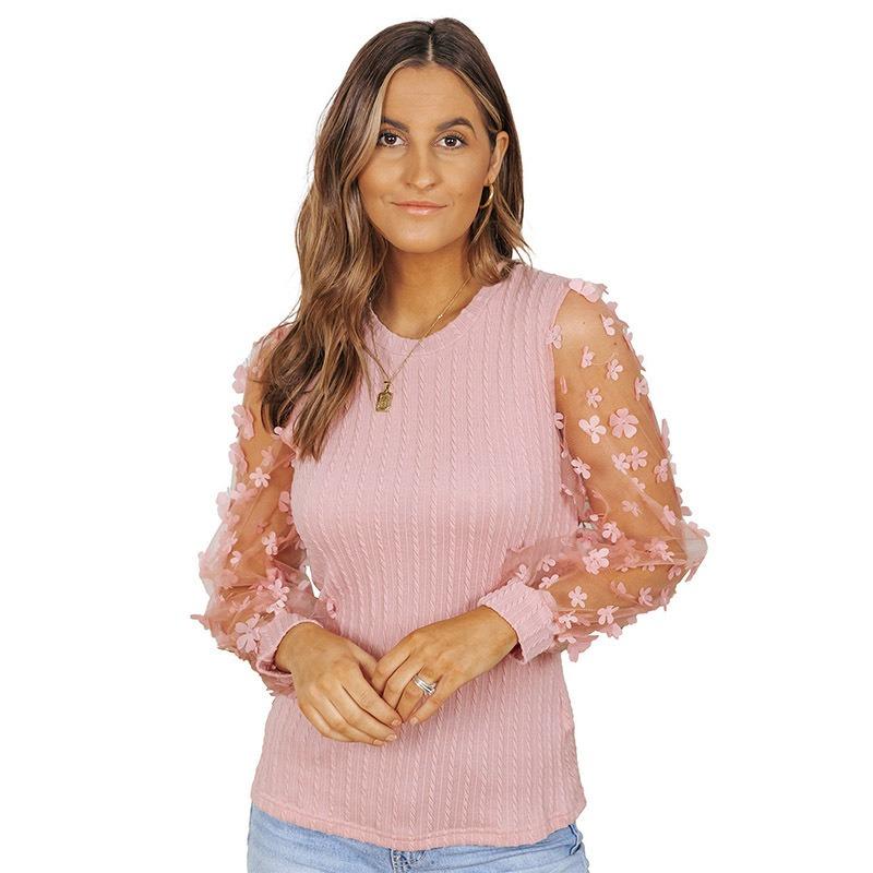 Mesh Small Flower Chiffon Shirt for Women In Spring Summer Round Neck for Slimming Pullover Long Sleeved Top