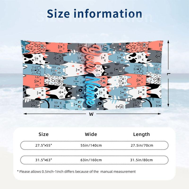 Cat Theme Beach Towel Personalized Custom Name & Text Soft Quick Dry Beach Towel for Swimming Travel
