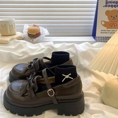 2025 Осень Новые Толстоподошвенные Корейские Лоферы Одинарная Обувь Женские Бант Маффин Круглый Носок Средний Каблук Кожаная Обувь