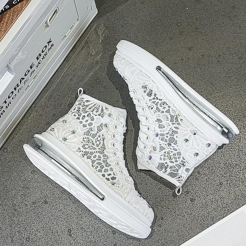 Fashion 4.5CM Women Summer Air Mesh Shoes Mules Shoes Bling Diamond Lace Platform Wedge Microfiber Platform Wedge Hollow Slides Sandals
