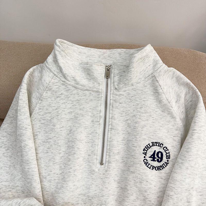 Женский ретро свитер с вышивкой на молнии до середины груди, со стойкой, осенне-зимний пуловер с длинным рукавом и плюшевой подкладкой