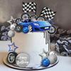 Racing Birthday Cake Topper Set Blue Car and Tyre Decor with Flags for Boy Children Party Supplies and Decorations