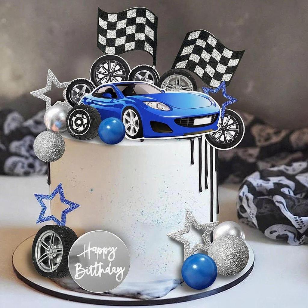 Racing Birthday Cake Topper Set Blue Car and Tyre Decor with Flags for Boy Children Party Supplies and Decorations