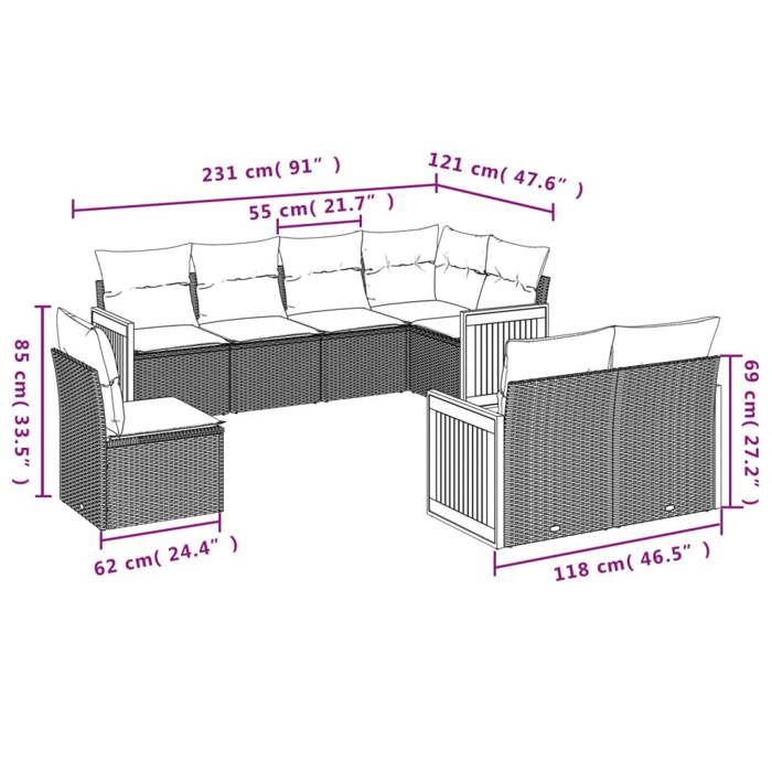 VidaXL Salon de Jardin avec Coussins 8 pcs, Canapés de Terrasse, Ensemble de Meubles de Patio, Mobilier d'Extérieur, Noir 3227840