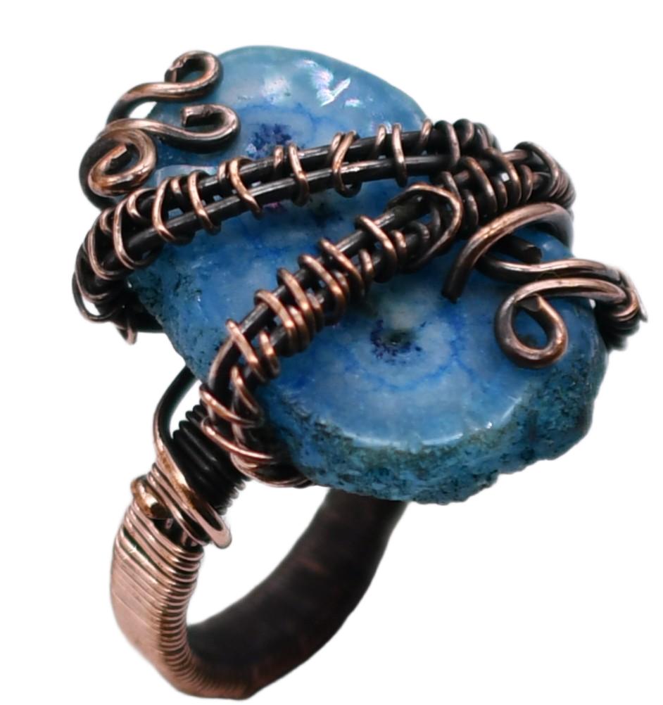 Raw Blue Apatite Natural Gemstone Copper Wired Ring US Size-8 A268