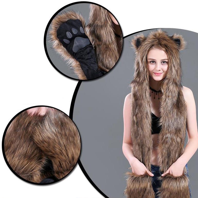 Зимние шапки из искусственного меха, милые плюшевые шапки с мультяшными животными, теплая шапка, шарф, перчатки, комплект, женские повседневные однотонные флисовые шапки для девочек, аксессуары Kawaii