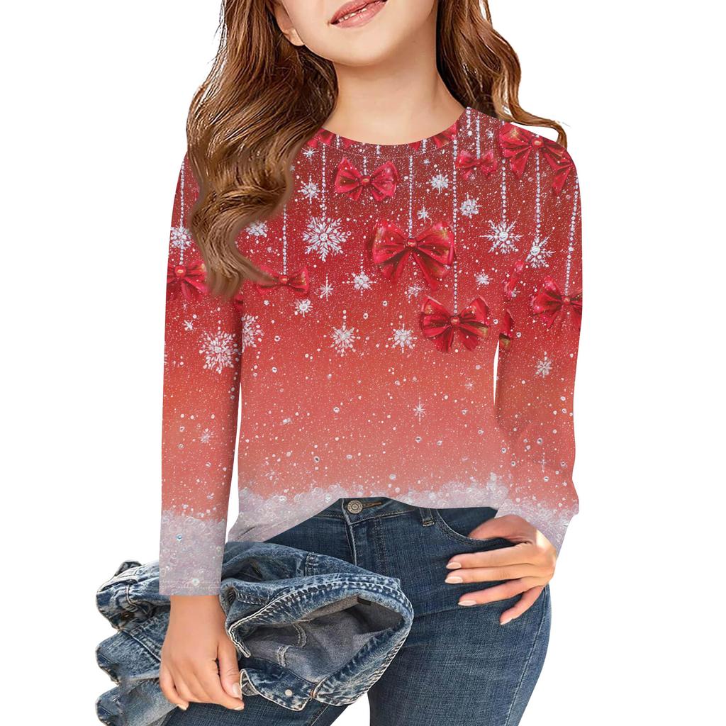 Рождественские футболки с длинным рукавом для девочек, детские осенние топы с круглым вырезом и принтом, базовые футболки
