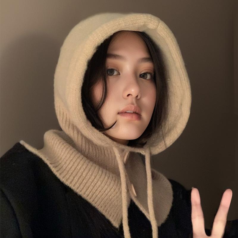 Корейская балаклава для женщин на зиму, теплая шапка-шарф, интегрированная, для пары, с защитой ушей, вязаная шерстяная шапка