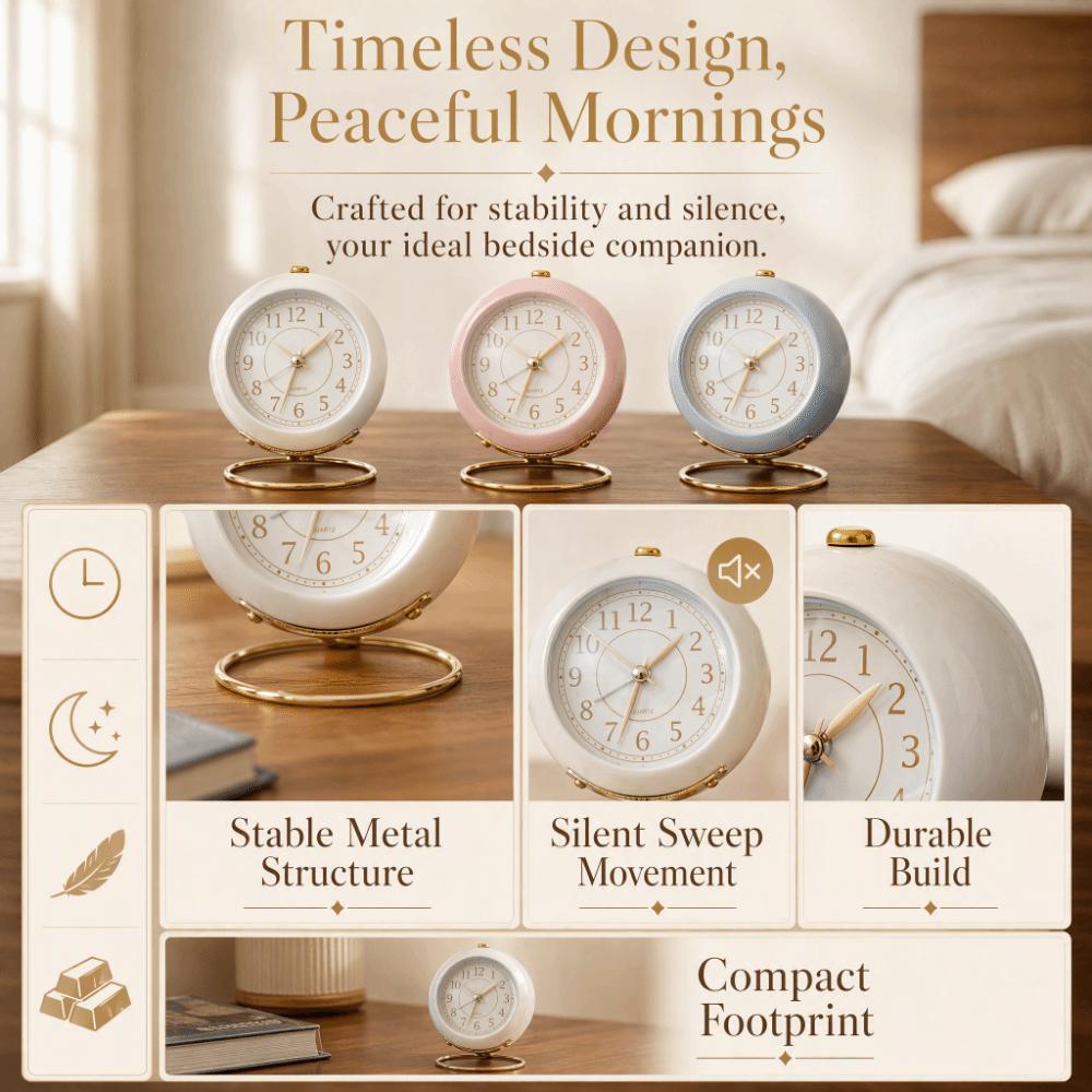 ABS Round Alarm Clock 3.54x4.33in Quartz Alarm Clock Cute Tabletop Clock For Bedroom