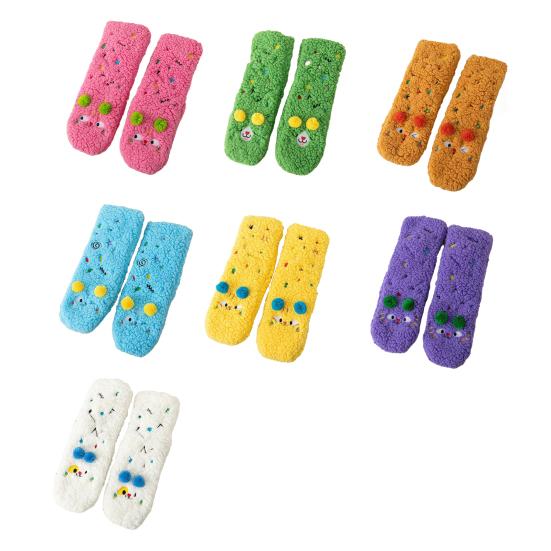 1 Pair Women Socks Cartoon Pattern Thickened Warm Knitting Socks Non-Slip Plush Pilling Resistant Floor Socks