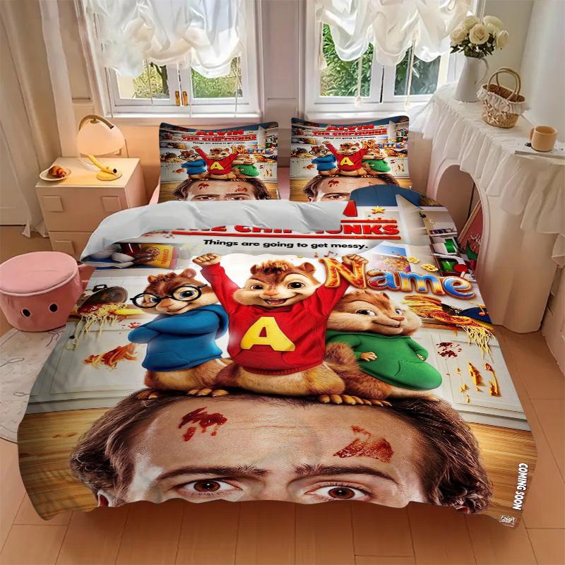 Custom Name Alvin Chipmunks Bedding 3 Piece Set HD Print Duvet Cover Pillowcases for Teens Adult Bedroom Decoration Christmas Gift