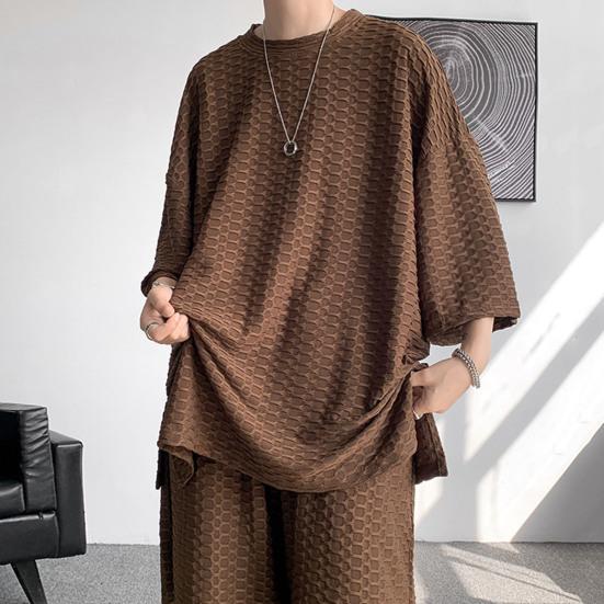 2Pcs/Set Men Casual Outfit O-neck Short Sleeve T-shirt Elastic Waist Pockets Design Wide Leg Shorts Set Solid