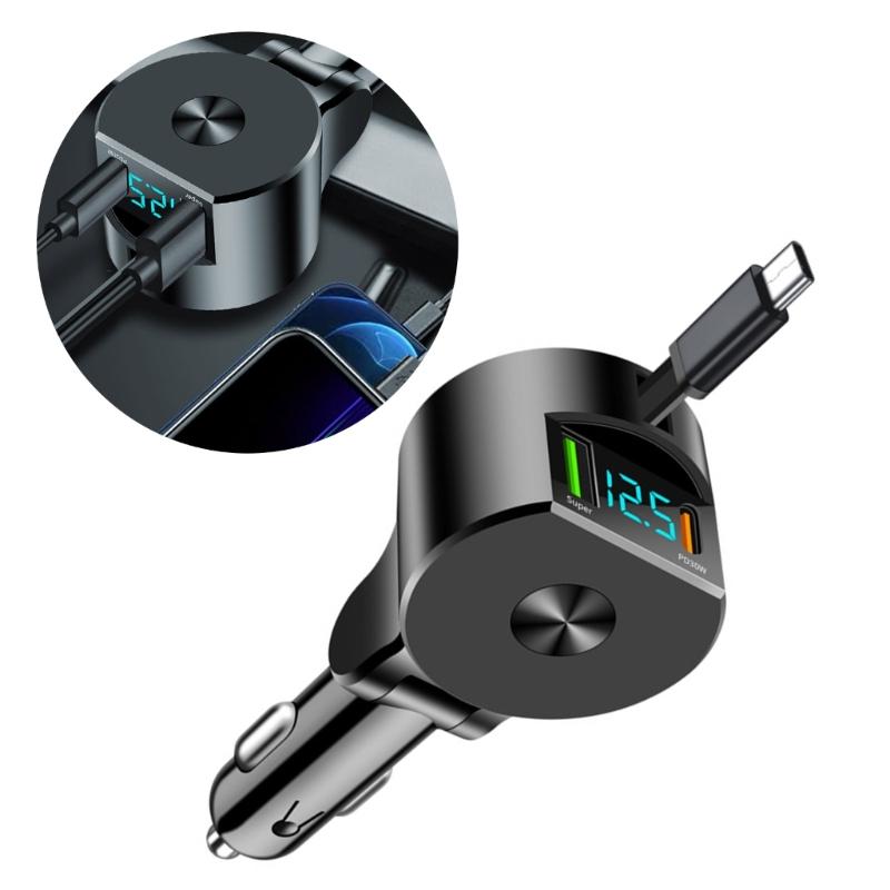 Портативное автомобильное зарядное устройство с выдвижным шнуром, поддержка быстрой зарядки PD30W, совместимость с широким диапазоном напряжений 12В-24В для телефонов