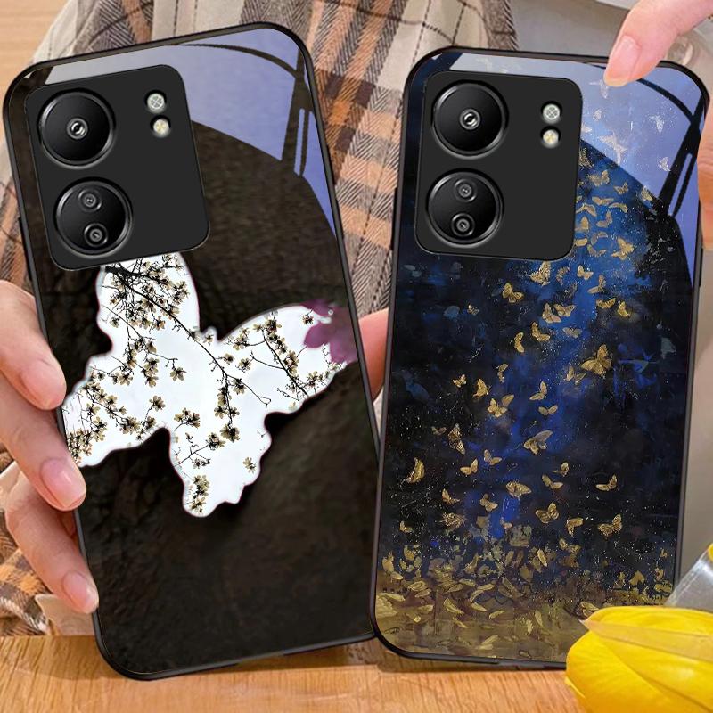 Градиентная бабочка для Xiaomi Redmi 13C Note13 12 Pro Plus 5G Note 9 13T Pro POCO X6 F5 F6 Черный Чехол для телефона из закаленного стекла