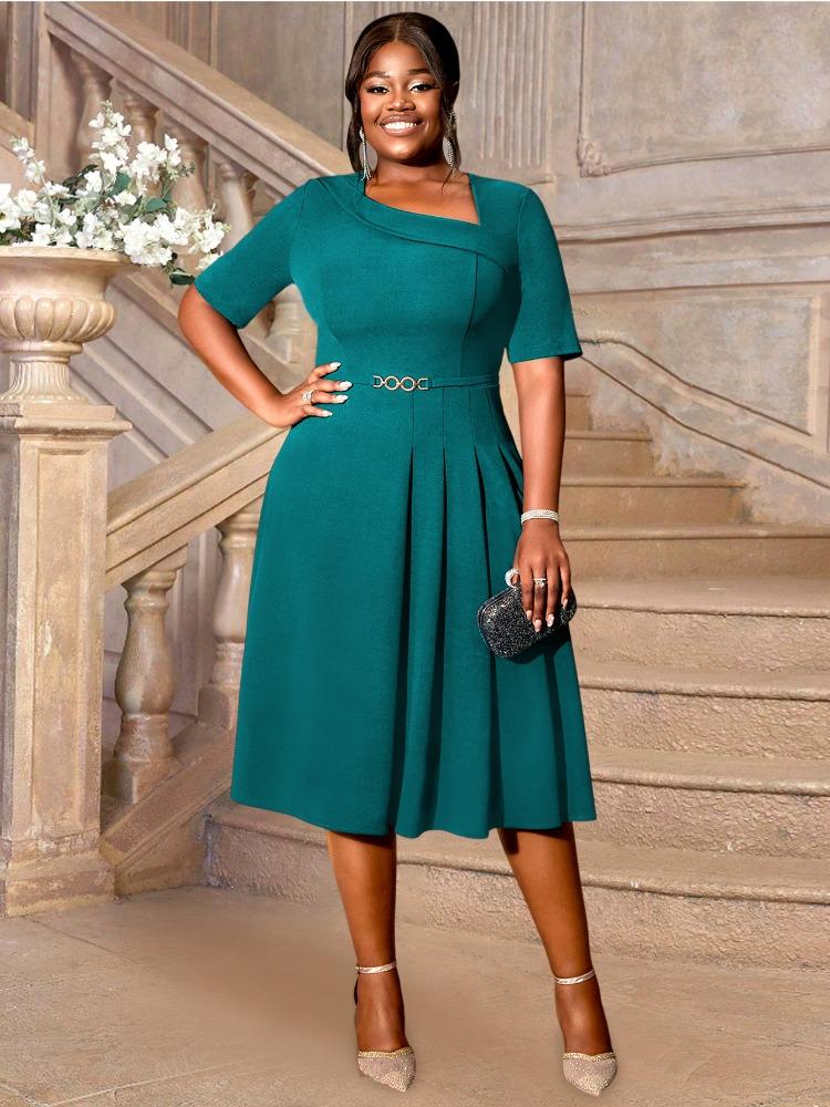 Women's Party Dress V-neck Pleated Hem Simple Mid Waist Commuting Dress Elegant Daily Casual Short Sleeved Solid Color Dresses