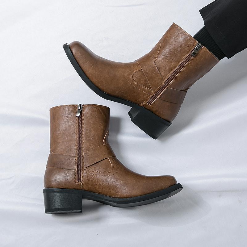 Модные ботинки с квадратным носком мужские из ПУ однотонные на низком каблуке удобные нескользящие классические деловые повседневные мужские короткие ботинки