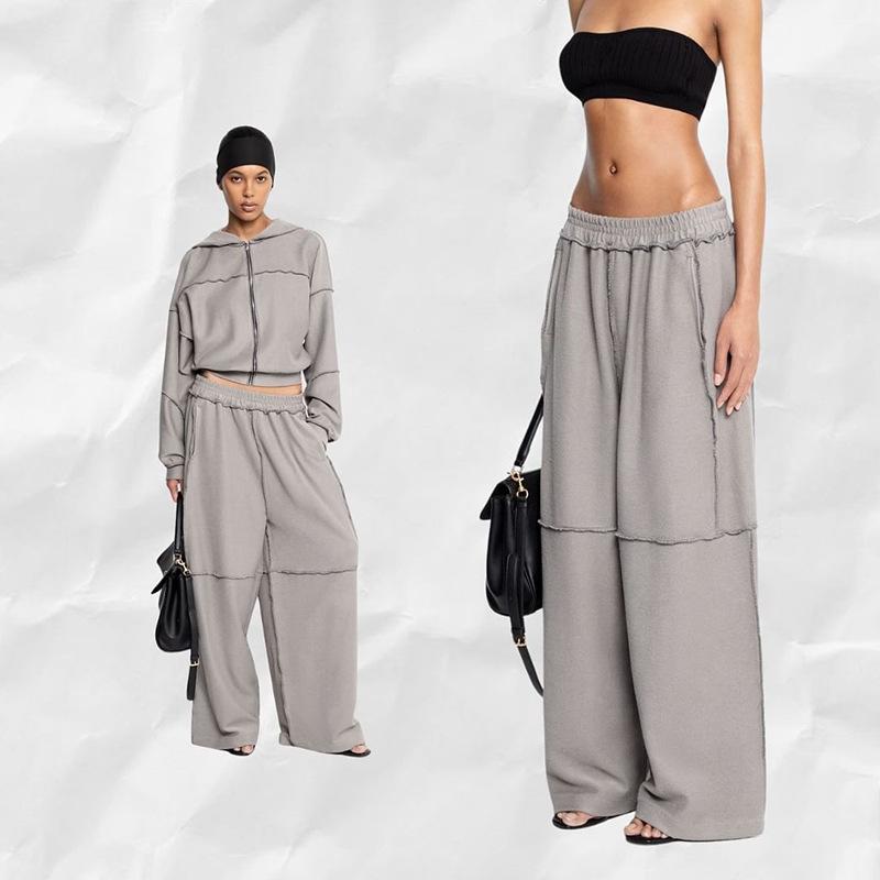 Women Casual Classic Solid Tracksuit Panelled Stripes Sporty Simple Hooded Zip Jacket Loose Wide Leg Pants Two Piece Sets