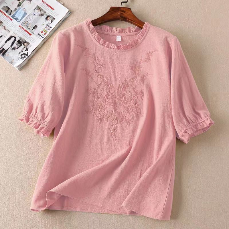 Spring Summer Women's Literary Embroidery Ruffled Lantern Sleeve T-shirt Loose Thin Section Seven-minute Sleeve Round Neck