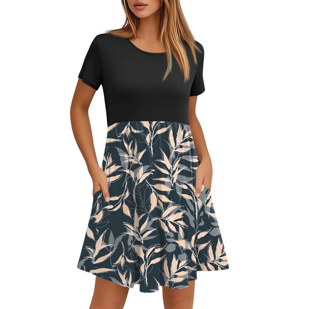 Женские модные повседневные свободные платья с круглым вырезом и коротким рукавом с принтом и карманами