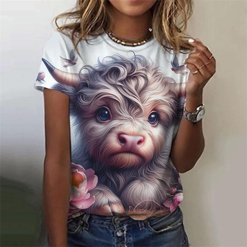 Милая футболка с рисунком коровы и осла для женщин, футболки с 3D-принтом и цветами, модные уличные футболки с круглым вырезом и коротким рукавом
