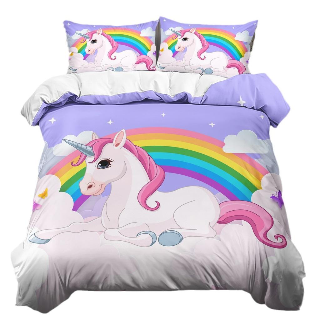 Rainbow Unicorn Three-Piece Digital Printing Kit Quilt Cover Bedding