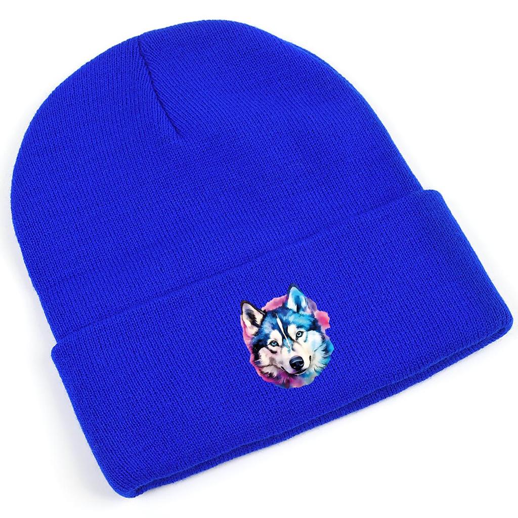 Vivid Wolf Head Print Knitted Hat Beanie,Husky Dog Skullies Soft Hip Hop Versatile Thermal Knit Cap Beanie