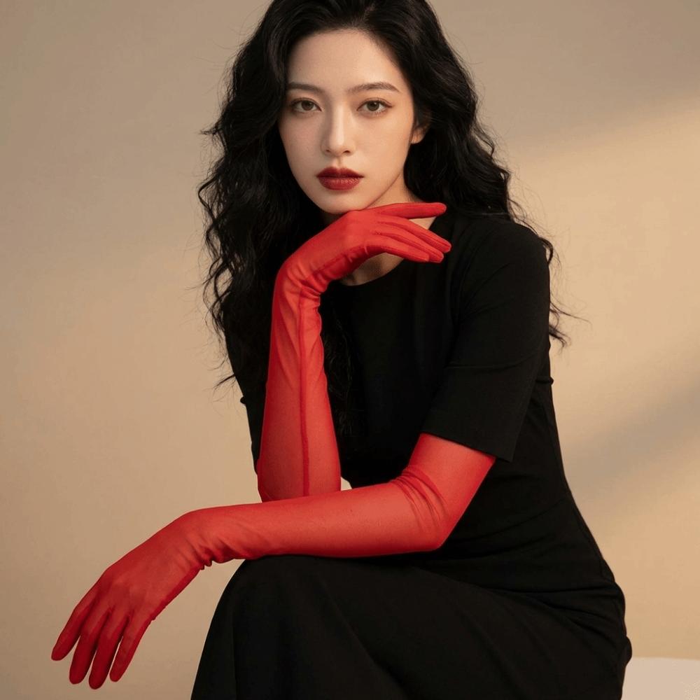 Elbow Transparent Gloves Ultra-thin Mesh Full Finger Gloves Fashion Sunscreen Mittens  Female