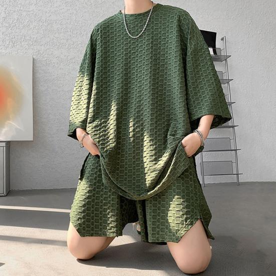 2Pcs/Set Men Casual Outfit O-neck Short Sleeve T-shirt Elastic Waist Pockets Design Wide Leg Shorts Set Solid