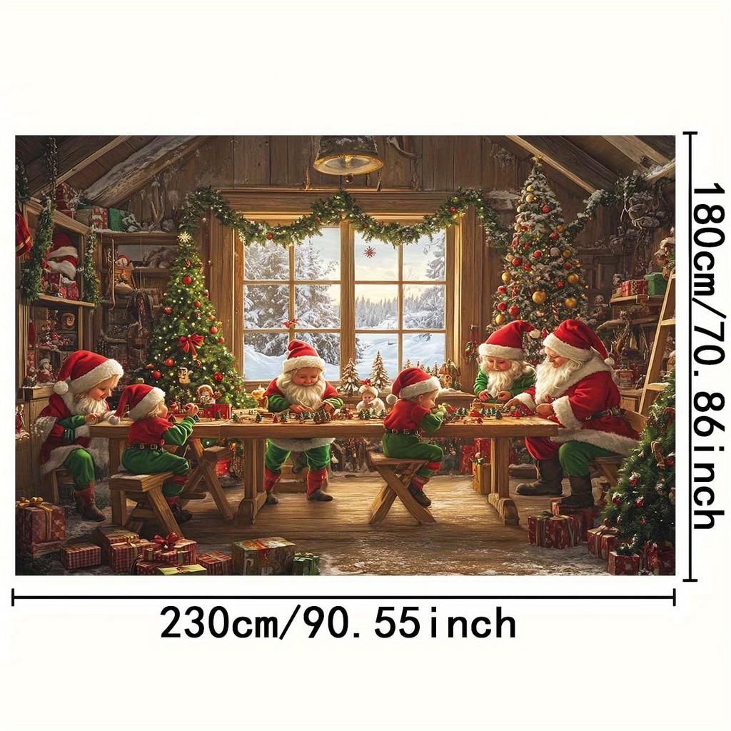 1 Christmas workshop scene background cloth - Santa Claus, elves, small trees and gift box decorations, durable polyester