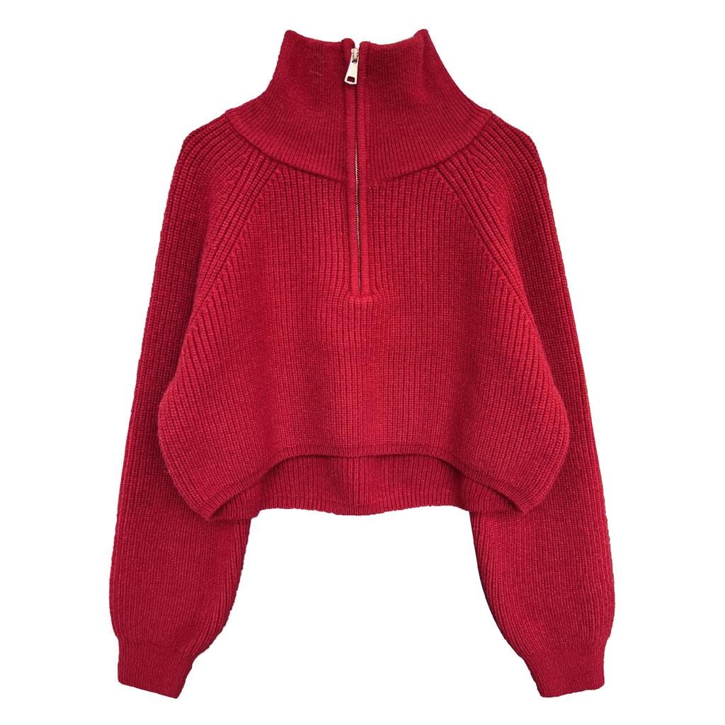 Half High Collar Zipper Red Knitted Sweater for Women Spring and Autumn High Waisted Sweater