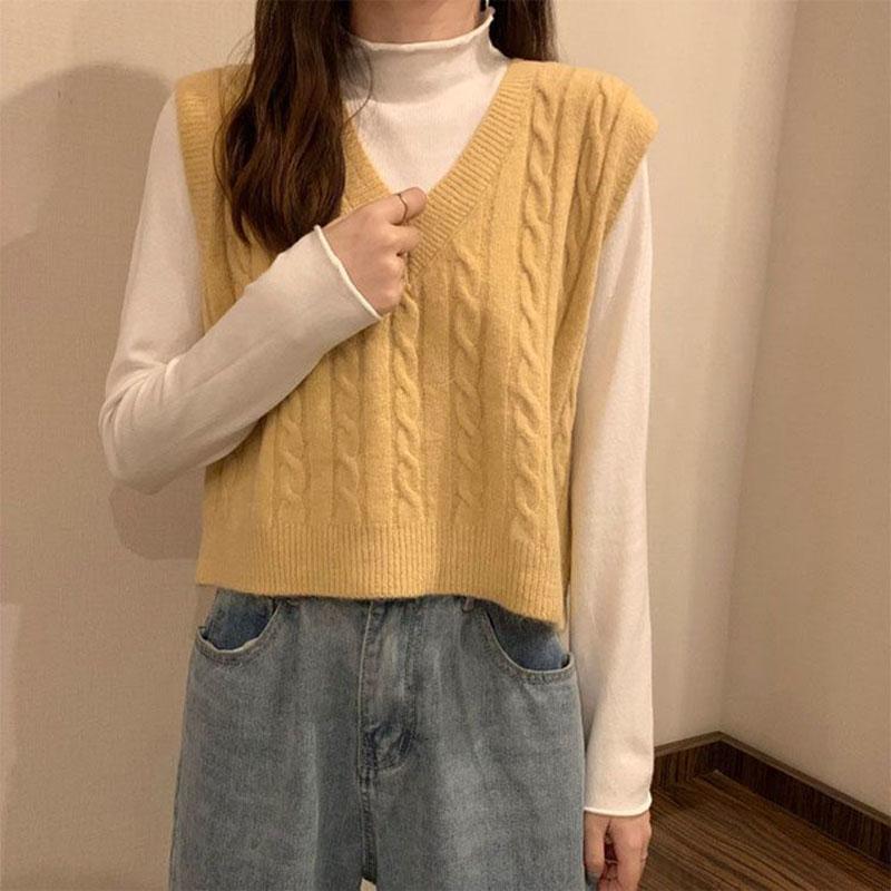Loose V-neck Knitted Vest Women Spring Autumn and Winter Solid Color Twist All-match Waistcoat Sweater Vest