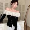 2KWEIRD Y2k Sexy T Shirt Women French Style Elegant Fashion Off Shoulder Crop Top Female Flare Sleeve Slash Neck Ruffle Slim Tees