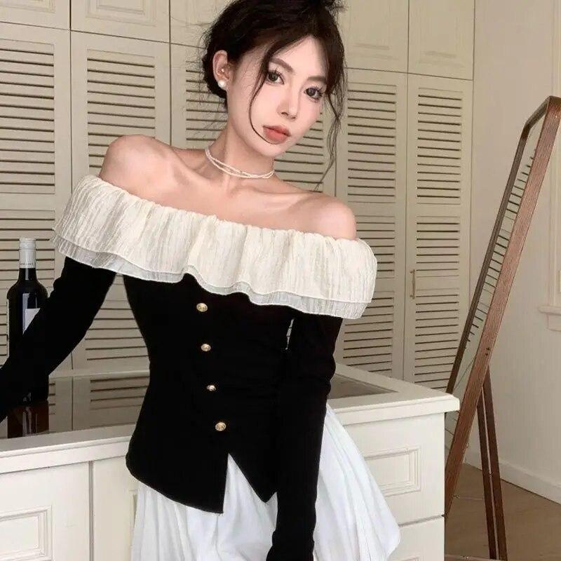 2KWEIRD Y2k Sexy T Shirt Women French Style Elegant Fashion Off Shoulder Crop Top Female Flare Sleeve Slash Neck Ruffle Slim Tees