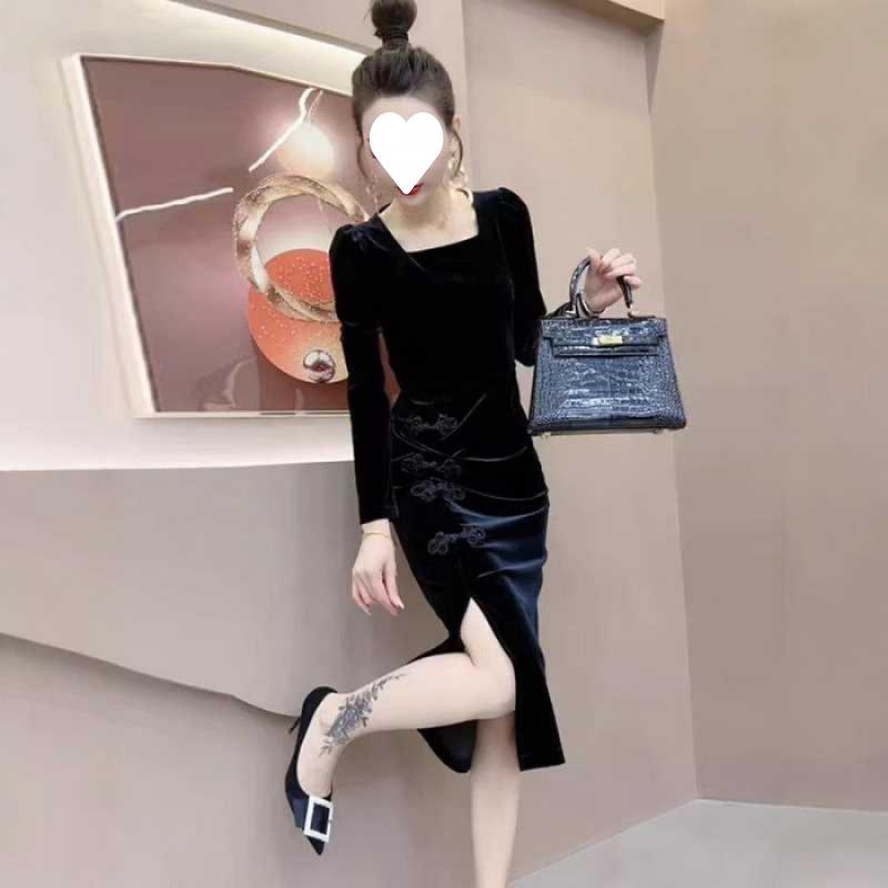 Женское платье с разрезом из черного золотого бархата: 2024 Осень/Зима Чонсам, юбка в стиле ретро