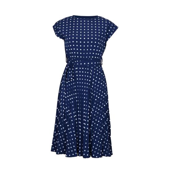 Women Polka Dot Print Midi Dress Crewneck Short Sleeve A-line Dress with Belt Summer Beach Swing Sundress