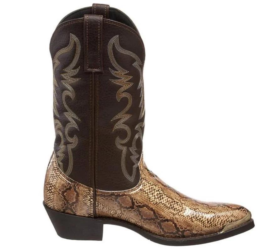 Fashion Retro Men Women Boots Golden Head Snake Skin Faux Leather Winter Shoes Embroidered Western Cowboy Boots Unisex Footwear Big Size