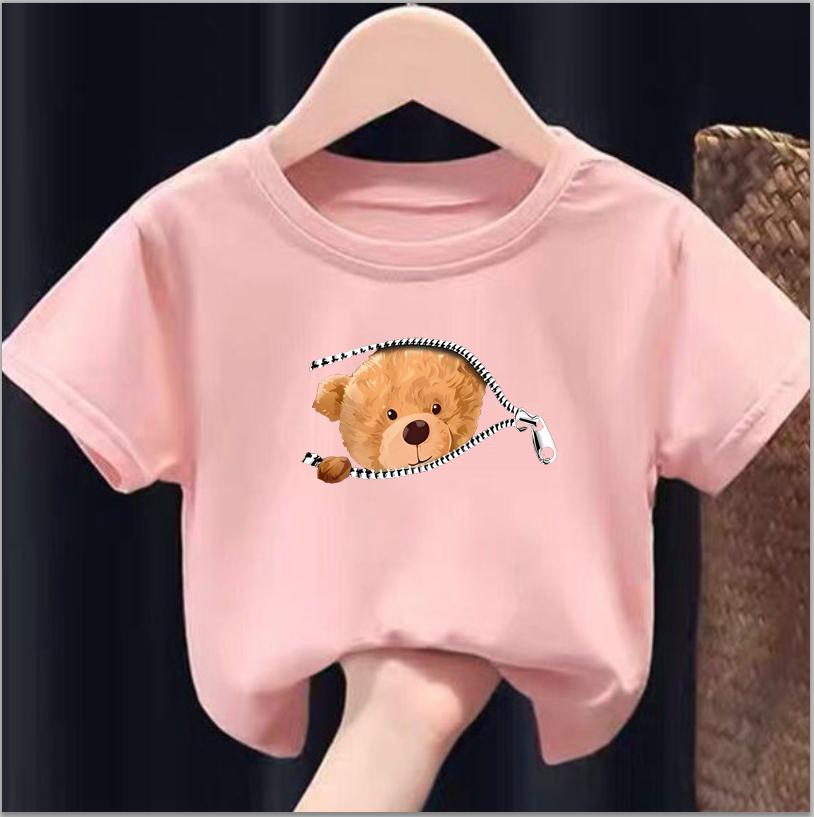 Футболка с принтом Zipper Bear Graphic, креативная рубашка с коротким рукавом и круглым вырезом, повседневные топы, одежда для мальчиков