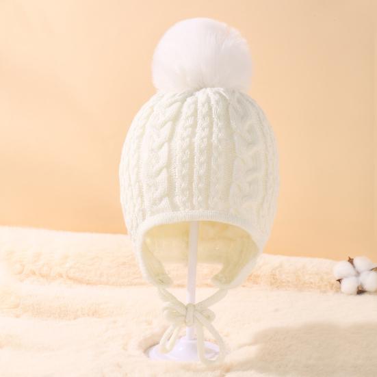 Children Hat Plush Ball Decor Twist Texture Lace-up Knitting Hat Solid Color Design Breathable Warm Winter Hat