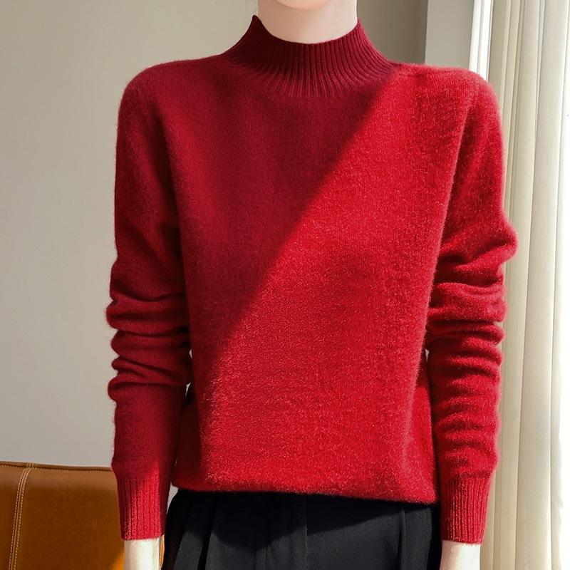 Classic Versatile Half Turtleneck Pure Wool Thick Sweater Women Loose Long Sleeve Knit Top