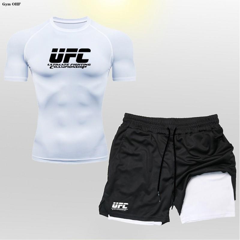 Mens 2-Piece Boxing Training Set - Quick-Dry T-Shirt Double-Layer Shorts MMA Kickboxing Gym Workouts