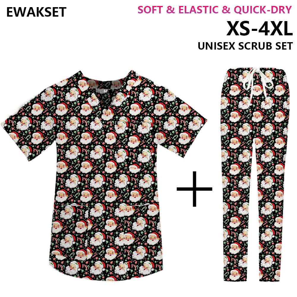 Cute Xmas Print Medical Scrub Set Festive Santa Snowflake V-Neck Nurse Workwear Suit Soft Breathable Surgical Uniform