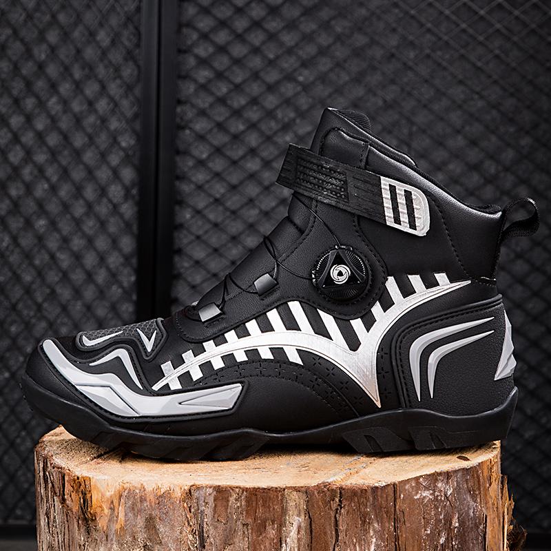 Унисекс кожаные мотоциклетные ботинки большого размера с кнопкой вращения, противоскользящие, противоударные, для соревнований, обувь для верховой езды