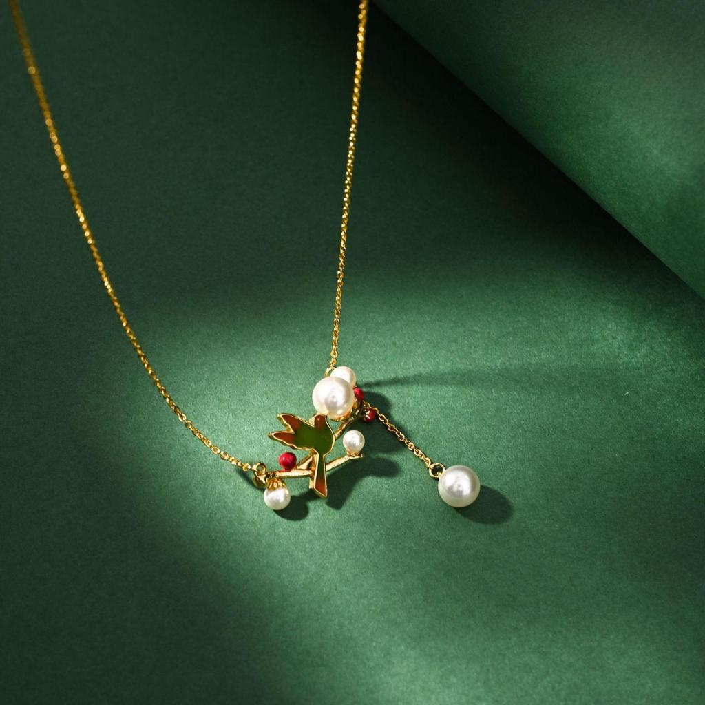 Элегантное жемчужное колье с кисточкой, эмаль cloisonне, птица и ягоды
