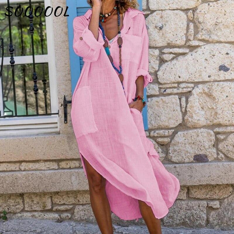 МОДА Повседневная хлопковая льняная свободная рубашка платье женская летняя мода уличная одежда разрезные пуговицы длинное платье белый черный пляж праздник платья