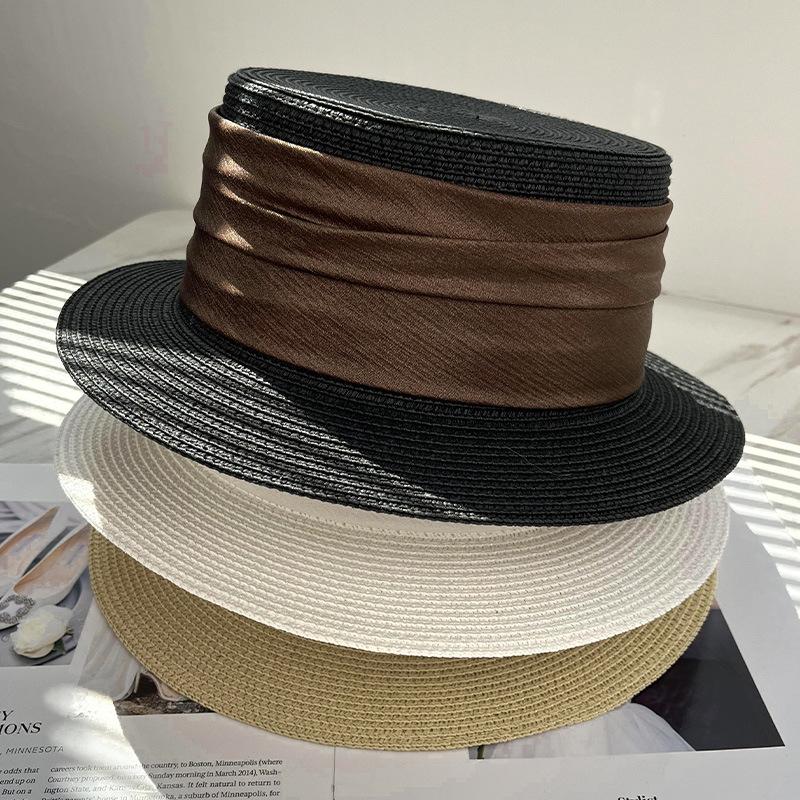 French pleated flat top straw hat women's spring summer seaside vacation straw hat sunshade sunscreen fashion travel flat top hat