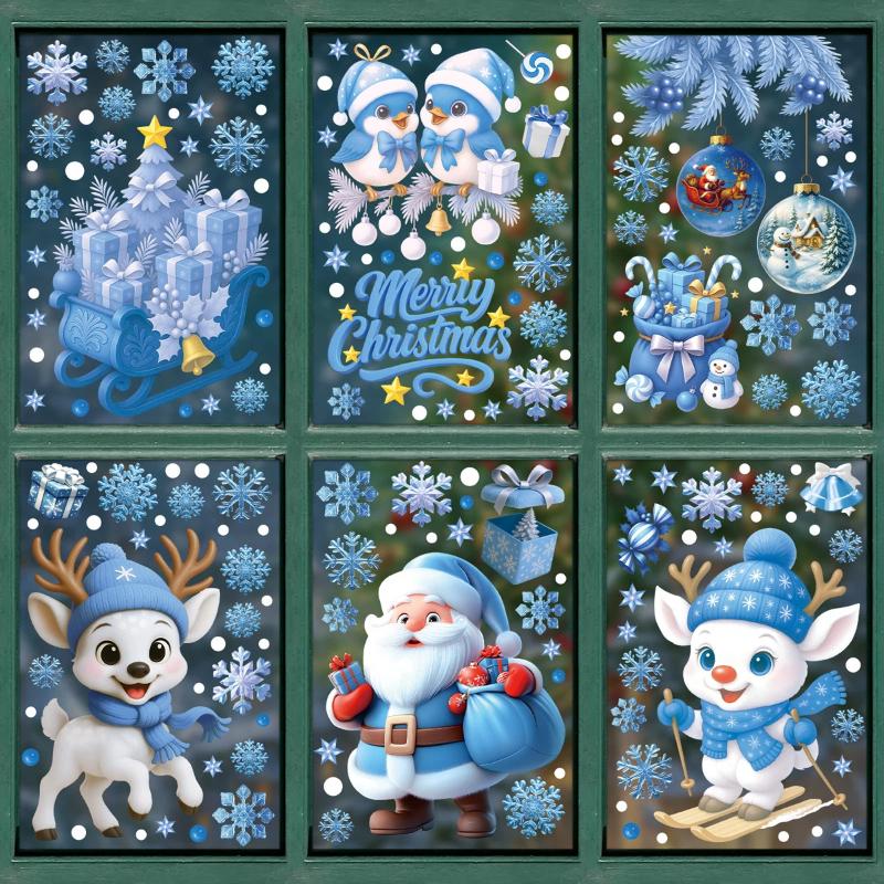 Merry Christmas Window Stickers Cartoon Santa Claus Snowman Snow Flake Electrostatic Glass Decals Background Decor Stickers