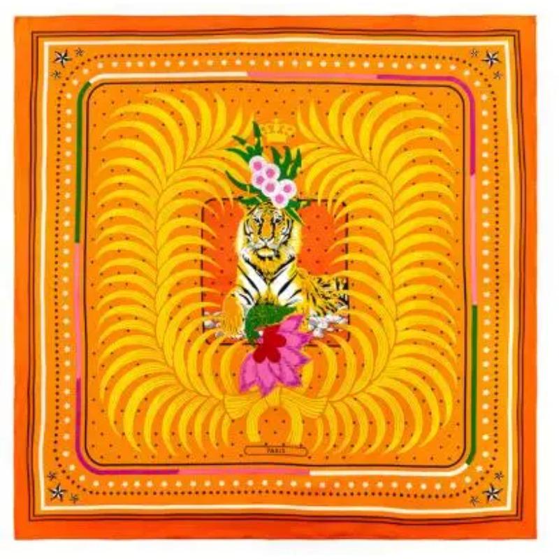 90cm Manual Hand Rolled Twill Silk Scarf Women Lovely Forest Tiger Square Scarves Echarpes Foulards Femme Wrap Bandana Hijab