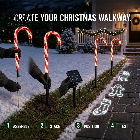 Red White Christmas Decor 4Pcs Solar Candy Cane Pathway Lights Outdoor Stake Waterproof Decorative Stakes Garden Lights for Yard Lawn Patio
