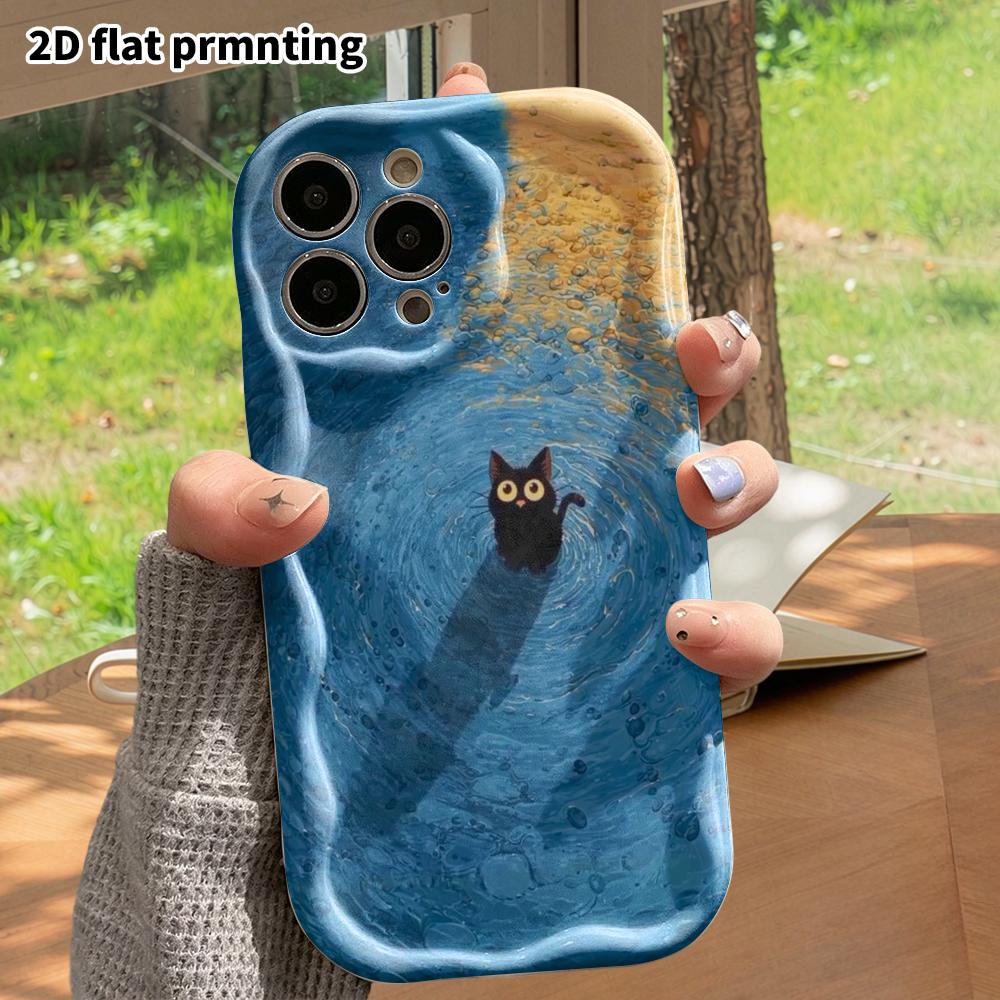 Phone case: 2D flat design, fits iPhone 12 to 18 Pro, phone decoration, little black cat in shallow water, Halloween and Christmas gift